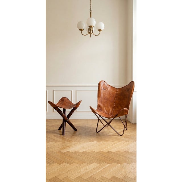Animal Skin Set of Hand-Crafted Leather Butterfly Chair and Ottoman with Traditional Elephant Embossing For Sale - Image 7 of 7