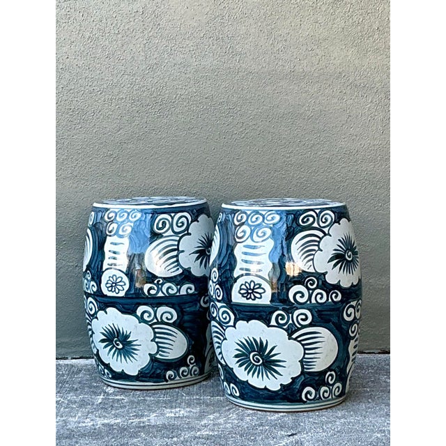 Early 21st Century Vintage Glazed Ceramic Floral Garden Stools - A Pair For Sale - Image 5 of 12