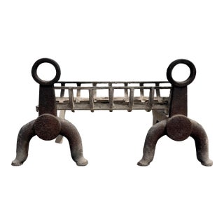 Antique American or French Arts & Crafts Period Cast Iron Andirons or Chenets, a Pair - Together With Fire Grate For Sale