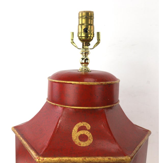 Red A Pair of Vintage Red English Hexagon Metal Tea Cans Hand-Painted Chinoiserie Table Lamp For Sale - Image 8 of 11