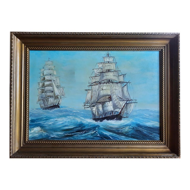 Vintage 1971 Jantz Framed Tall Ships & Clipper Ships Maritime Oil Painting For Sale