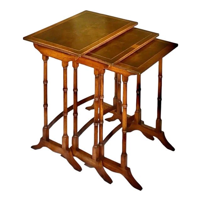 Late 20th Century Vintage Inlaid Burr Yew and Mahogany Faux Bamboo Nesting Tables - Set of Three For Sale