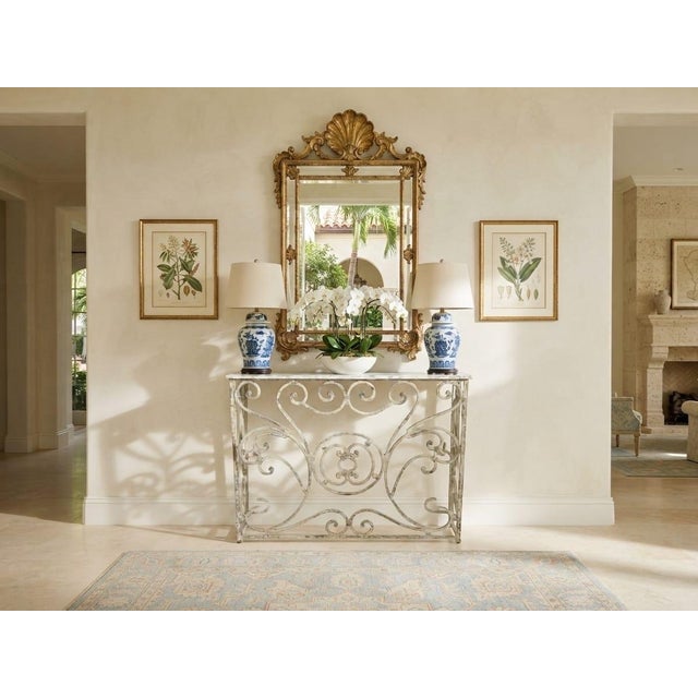 Metal Vintage French Country Whitewashed Wrought Iron Console Table With Marble Top For Sale - Image 7 of 12
