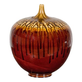 Hand-Crafted Artisan Tri-Color Brown Vase with Rounded Silhouette and Dripping For Sale