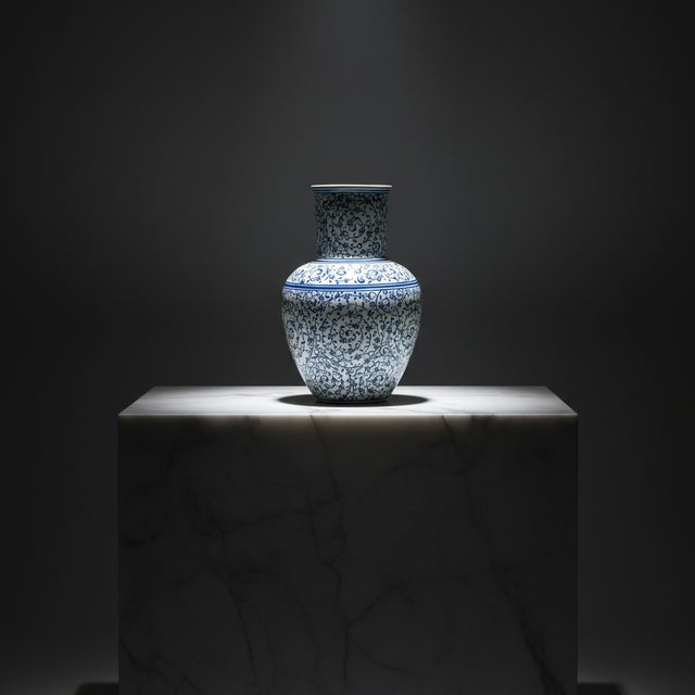 Handmade Ceramic Vase (20cm) – Blue and White Golden Horn Halic Pattern – Spiral Scrolls Design For Sale - Image 9 of 9