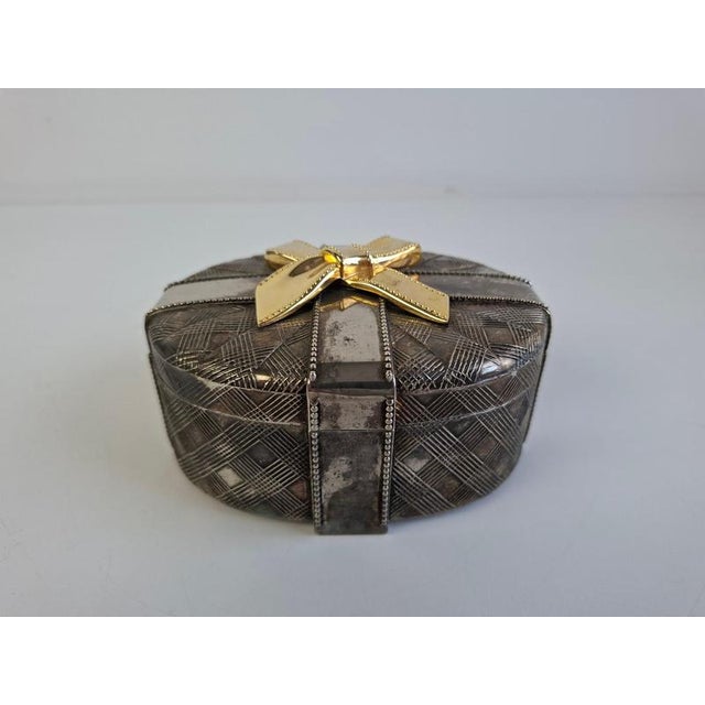 Vintage Silver Tone Geometric Jewelry Box with Gold Bow, 1980 For Sale - Image 13 of 18