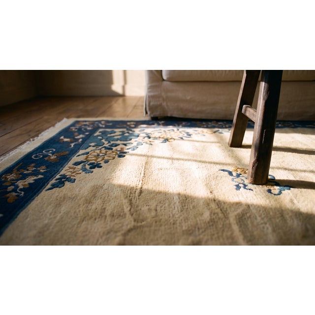 1920s Beige Medallion Floral Antique Chinese Peking Carpet 8'' X 9'5'' Wool Knotted Rug For Sale - Image 10 of 12