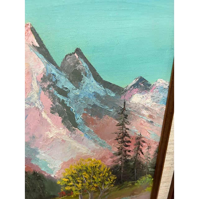 Traditional Vintage Framed Painting on Canvas Dt 1987. There Is Artist Note on the Back Titling the Piece ‘ Sunrise on the Tetons’ and Signed by w.s Makuch. For Sale - Image 3 of 9