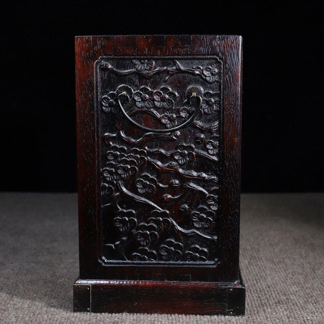 Wood Vintage Chinese Hardwood Carved "Plum Blossom" 5-Drawer Cabinet / Jewelry Chest For Sale - Image 7 of 10