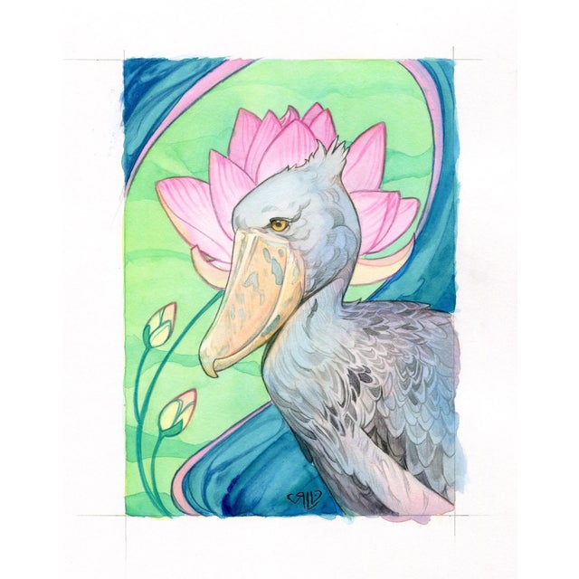 Shoebill Stork by Rhonda Libbey | Watercolor of a shoebill stork with a lotus flower background For Sale