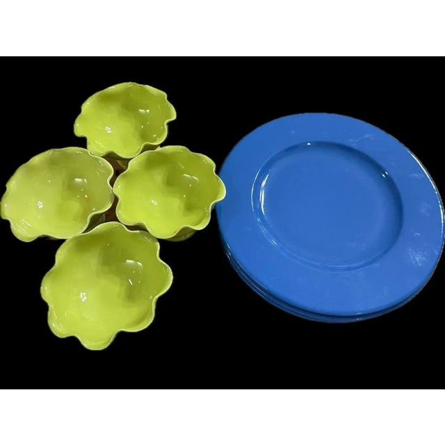 Rustic European Italian Scallops Footed Bowls & Large Serving Plates - Set of 8 For Sale - Image 3 of 9