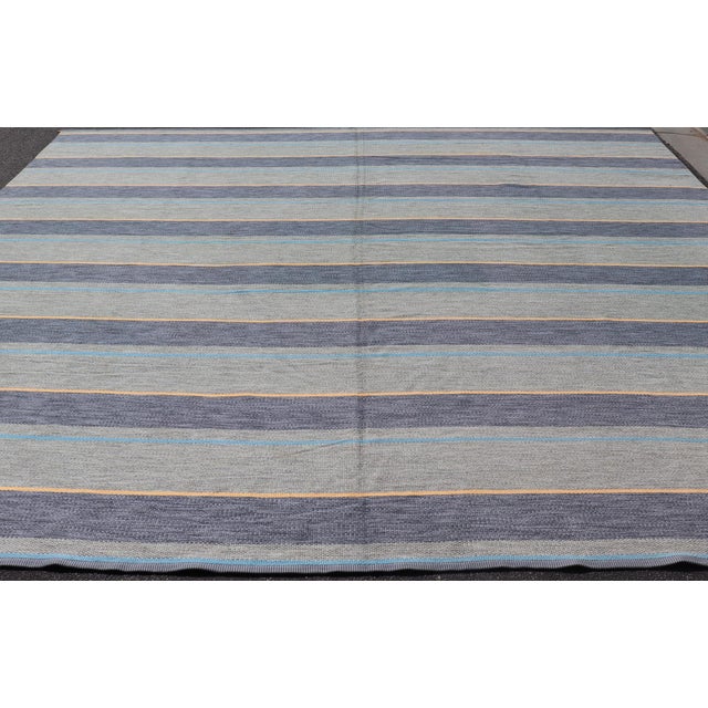 Large Square Scandinavian Flat Weave Rug in Gray, Blue, and Soft Yellow For Sale - Image 4 of 12