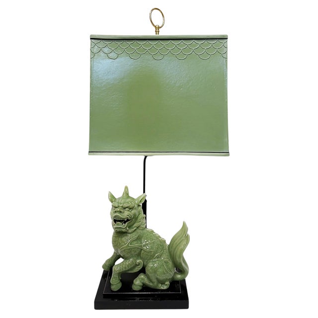 Celadon 1940s Chinoiserie Celadon Porcelain Foo Dog Lamp, Custom Shade For Sale - Image 8 of 10