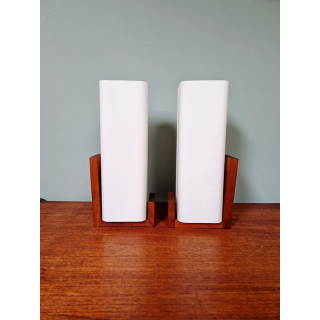 Tan Teak and Satin White Opaline Wall Lights by Louis Kalff for Philips, 1960s, Set of 2 For Sale - Image 8 of 15