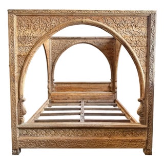 Carved Akhar Arch Wood Canopy Bed Frame For Sale