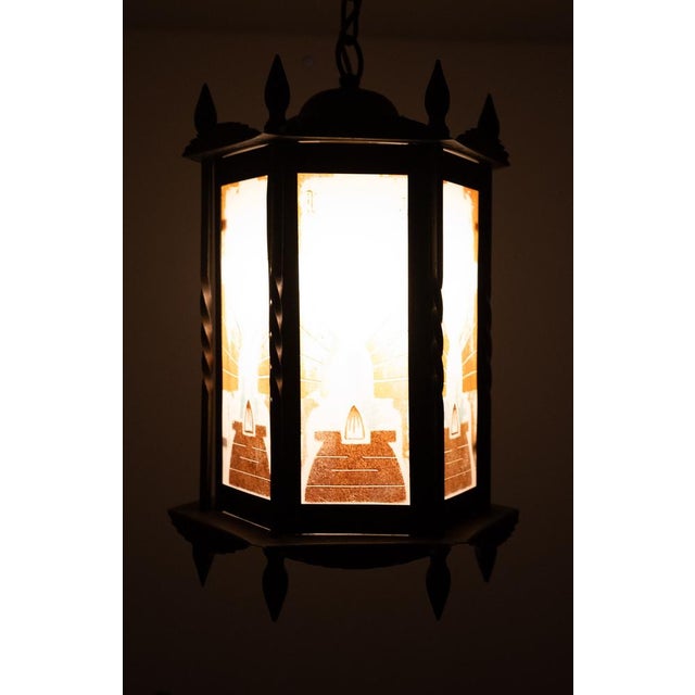 Amsterdam School Art Deco Hexagonal Hallway Lamp with Painted Glass, 1920 For Sale - Image 13 of 14