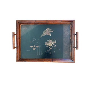 Vintage “Art De Chine” Bamboo and Black Lacquer Tray Attributed to Palecek For Sale