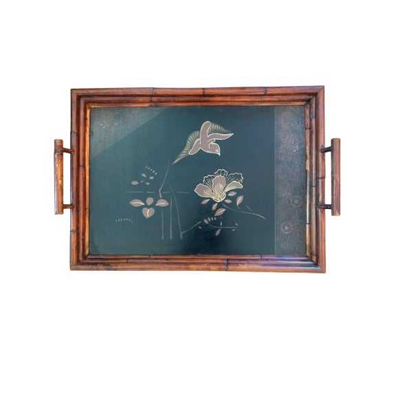 Vintage “Art De Chine” Bamboo and Black Lacquer Tray Attributed to Palecek For Sale