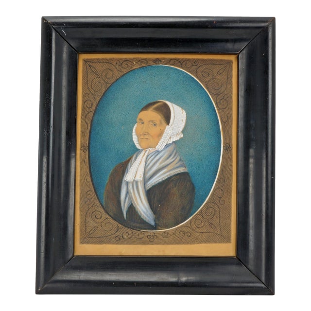 Antique Primitive Portrait Watercolor Gouache Early 19th Century For Sale