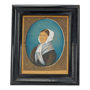 Antique Primitive Portrait Watercolor Gouache Early 19th Century