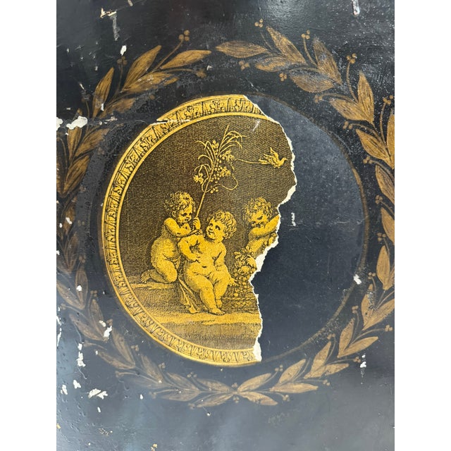 Antique English Tole Coal Bin, Gilt Cherub Medallion, Parnall & Sons Bristol, 24in For Sale In New York - Image 6 of 14