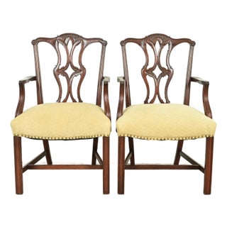 Baker Furniture Style Georgian Carved Mahogany Armchairs or Dining Captain Chairs, Pair For Sale