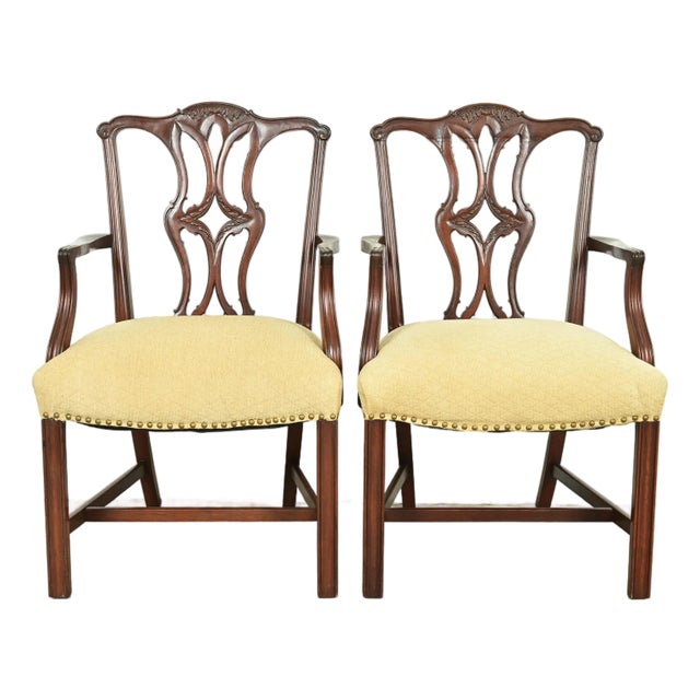 Baker Furniture Style Georgian Carved Mahogany Armchairs or Dining Captain Chairs, Pair For Sale