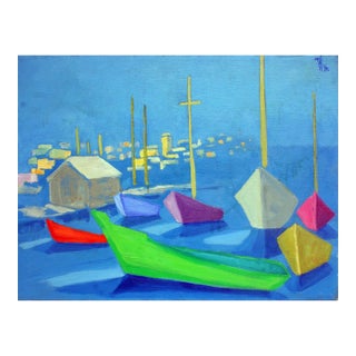 Modernist Boats - Abstract Monterey Seascape in Oil on Canvas by Virginia Rogers For Sale