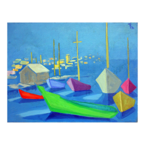 Modernist Boats - Abstract Monterey Seascape in Oil on Canvas by Virginia Rogers