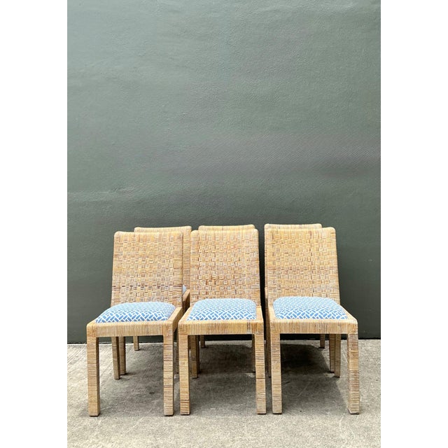 Wood Vintage Woven Rattan Dining Chairs in Quadrille For Sale - Image 7 of 18