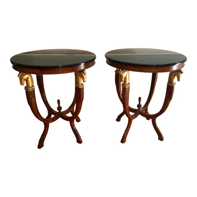 French Maison Charles Style Marble Top Trojan Horse Side Tables - a Pair For Sale