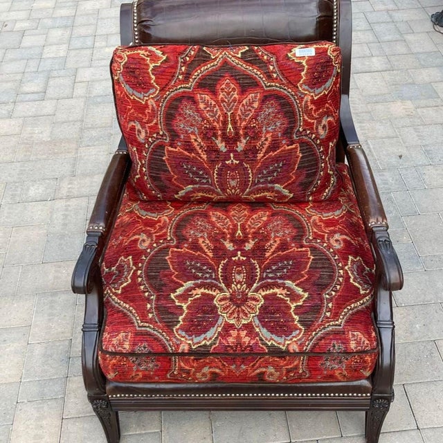 Traditional Paul Schatz Lounge Chair With Floral Red Upholstery and Wood Frame For Sale - Image 3 of 10