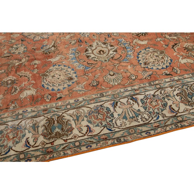 Textile Rust Antique Persian Tabriz Handmade Allover Floral Wool Rug For Sale - Image 7 of 11