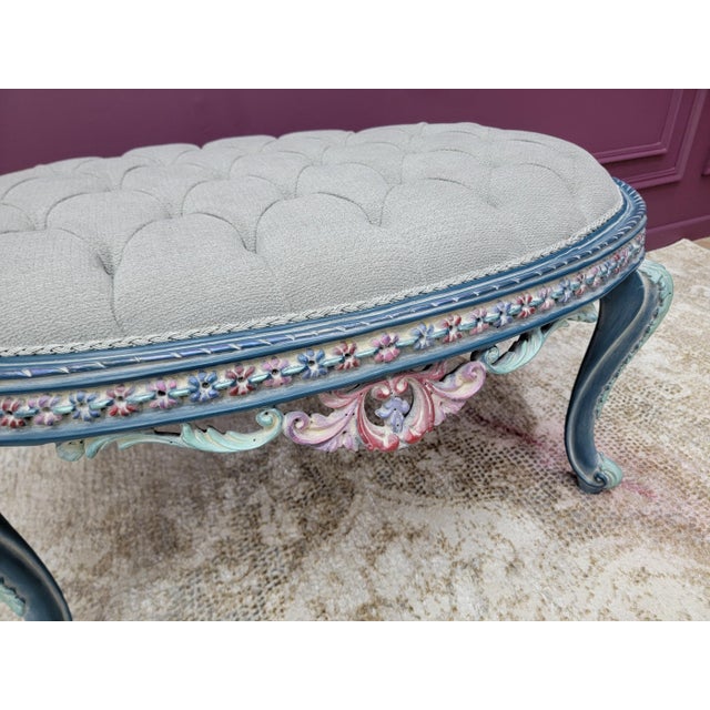 1970s French Provincial Living Room Set | Hand Carved Baroque Sofa & Armchairs | Blue and Rose Gold Ornate Tufted 4-Piece Set For Sale - Image 15 of 18