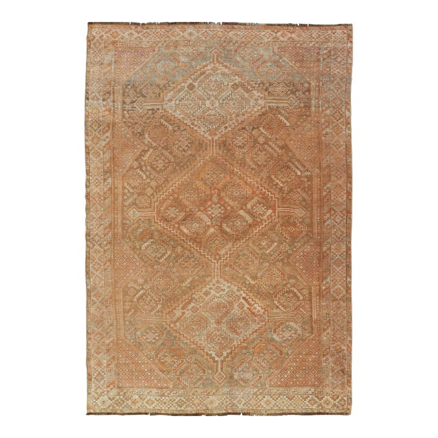 Antique Distressed Persian Shiraz Rug in Shades of Soft Orange, Lt. Brown, Gray 5'6 X 8'6 For Sale