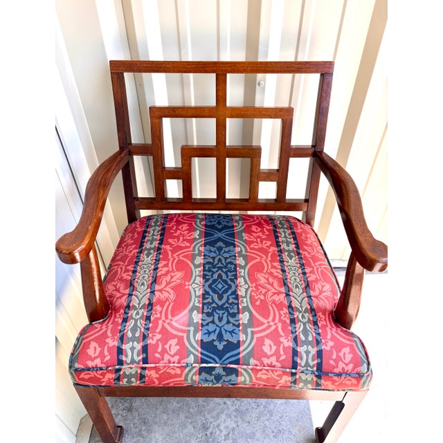 Wood 1970s Chinese Chippendale Ming Mahogany Upholstered Fretwork Wood Armchairs, a Pair For Sale - Image 7 of 11
