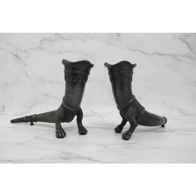 Traditional Decorative Bronze Lion Foot Drinking Horn Rhyton Vase Cornucopia Vessel Pair For Sale - Image 3 of 14