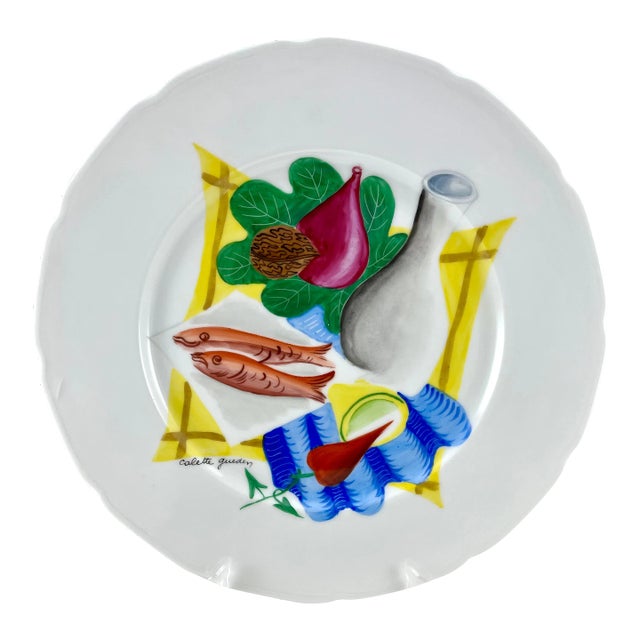 1950s Signed Colette Gueden Hand Painted Cabinet Plate 12.5" for Primavera - France For Sale