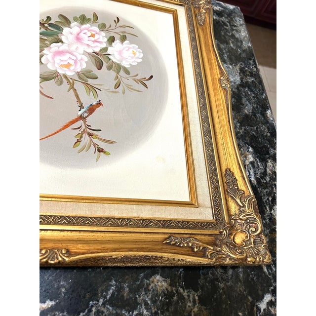 Light Yellow Original Signed K Chu Oil on Canvas, Bird in Floral Scene, Framed For Sale - Image 8 of 11