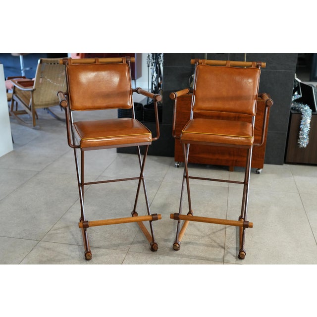 Mid-Century Modern 1970s X-Frame Bar Stools – Attributed To Cleo Baldon for Terra of California Pair For Sale - Image 3 of 14