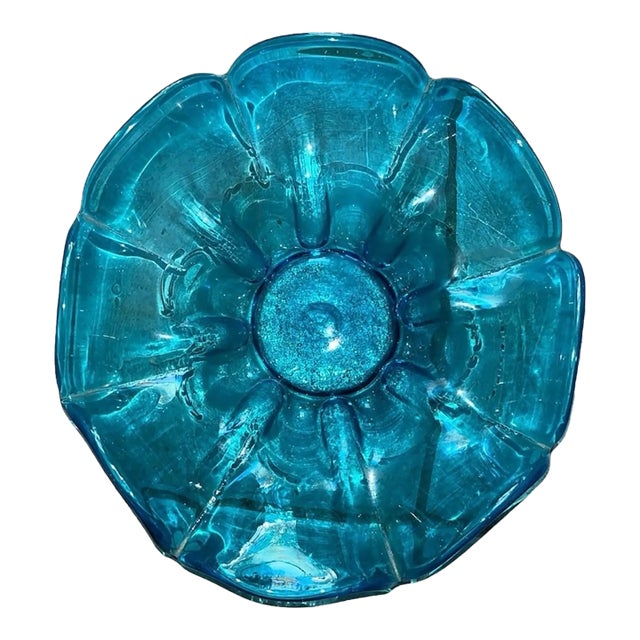 1970s Mid-Century Modern Handblown Blue Wave Glass Bowl Catchall Dish For Sale