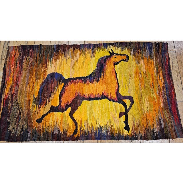 Vintage Mid-Century Handwoven Wool Tapestry, Galloping Horse Design, Yellow & Brown, 38” X 68” For Sale - Image 11 of 11