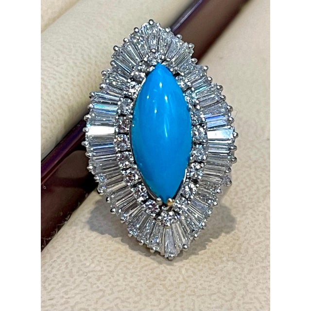 2010s Vintage Natural Marquise Sleeping Beauty Ring Turquoise With Diamonds, Platinum For Sale - Image 5 of 18