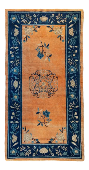 Early 1900s Navy Blue Border and Gold Chinese Area Rug
