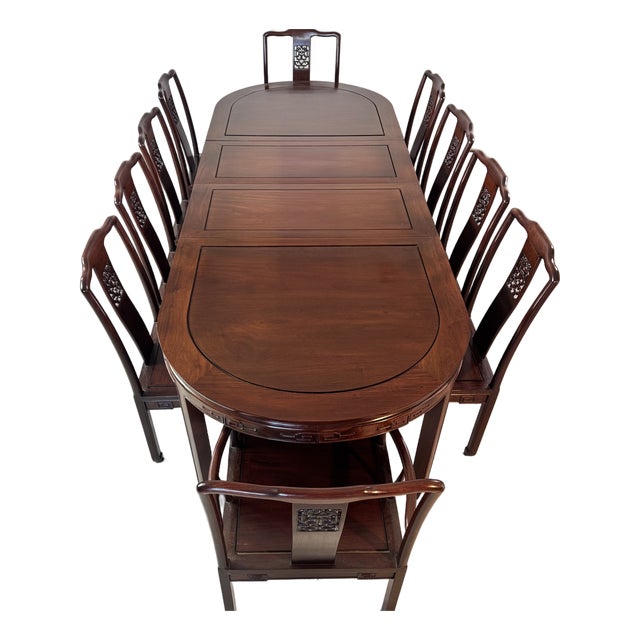 Vintage Asian Rosewood Carved Longevity Extending Dining Table & 10 Chairs For Sale