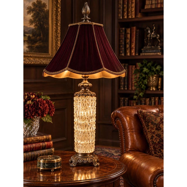 Vintage Illuminated Crystal Lamp With Oxblood Velvet Pagoda Shade For Sale - Image 4 of 9