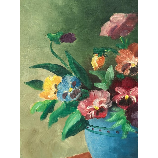 G. Stränz, Pansies in Blue Vase, 1960s, Oil Painting on Canvas, Framed For Sale - Image 10 of 17