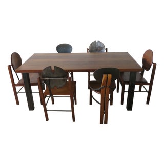 Mid-Century Brutalist Teak and Steel Dining Table and Chairs, Set of 7 For Sale