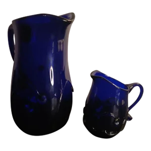 1980s Signed Mexican Blown Art Glass Pair of Cobalt Blue Pitchers- Set of 2