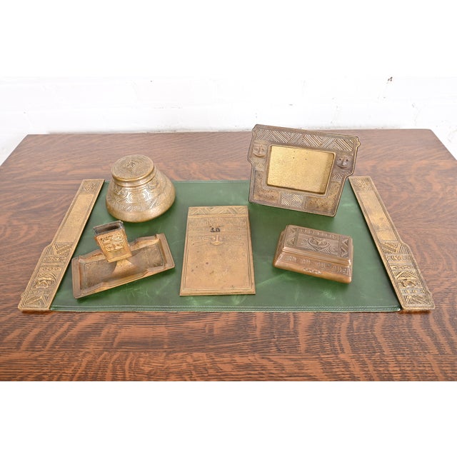 Tiffany Studios New York American Indian Bronze Doré Blotter Ends With Leather Desk Blotter For Sale - Image 11 of 12